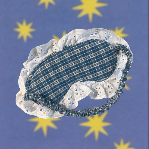 Blue Plaid with Eyelet Lace Ruffle Eye Mask