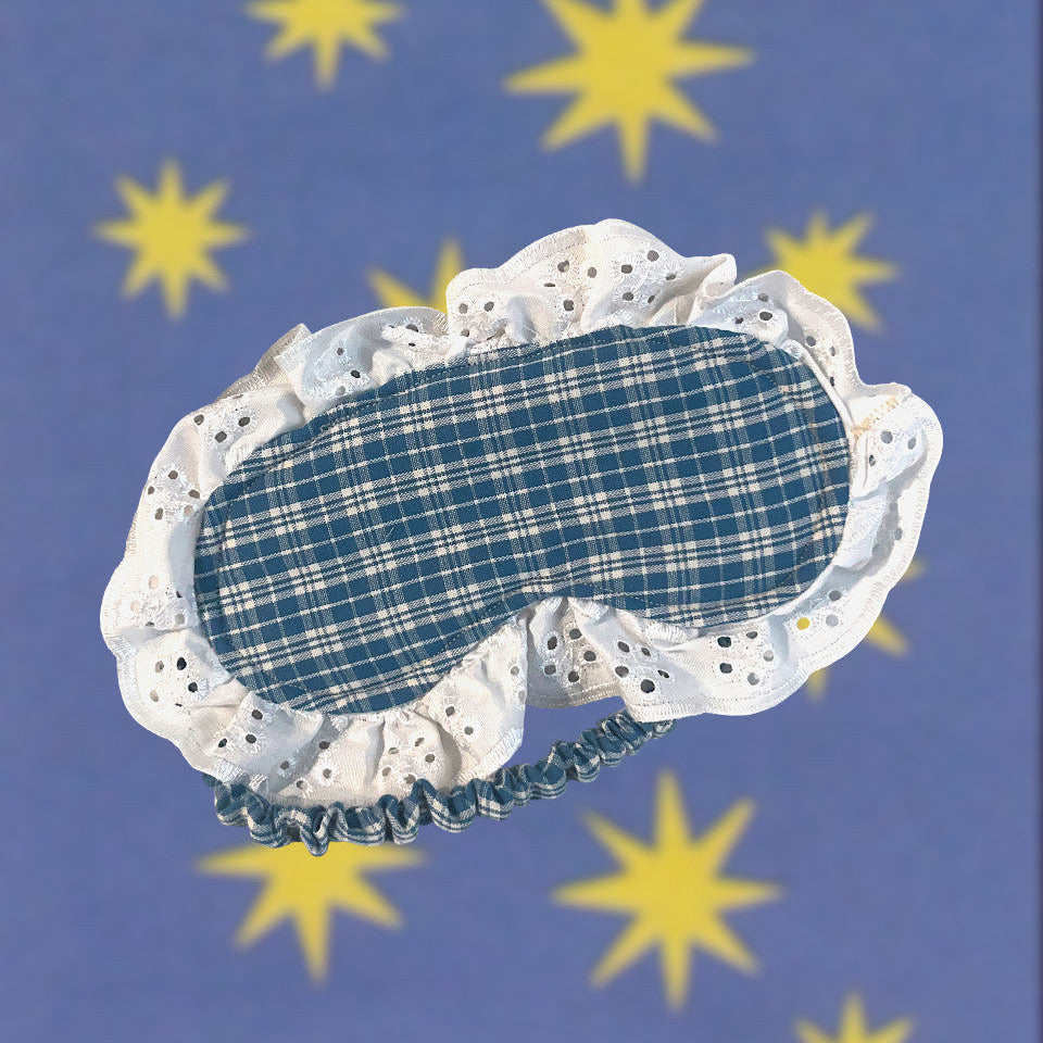 Blue Plaid with Eyelet Lace Ruffle Eye Mask